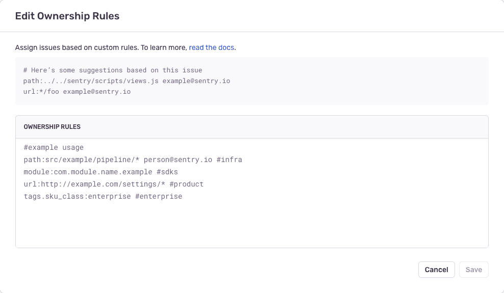 Configuration options for defining ownership rules from an issue page.